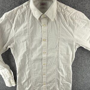Kenzo Cotton Slim 15 White Solid Button Up Shirt Long Sleeve Mens Spread Adult